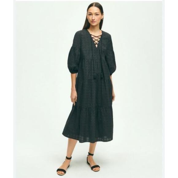Brooks Brothers Black Daisy Eyelet Cotton Tiered Tassel Tie Neck Midi Dress 4 - Picture 1 of 10